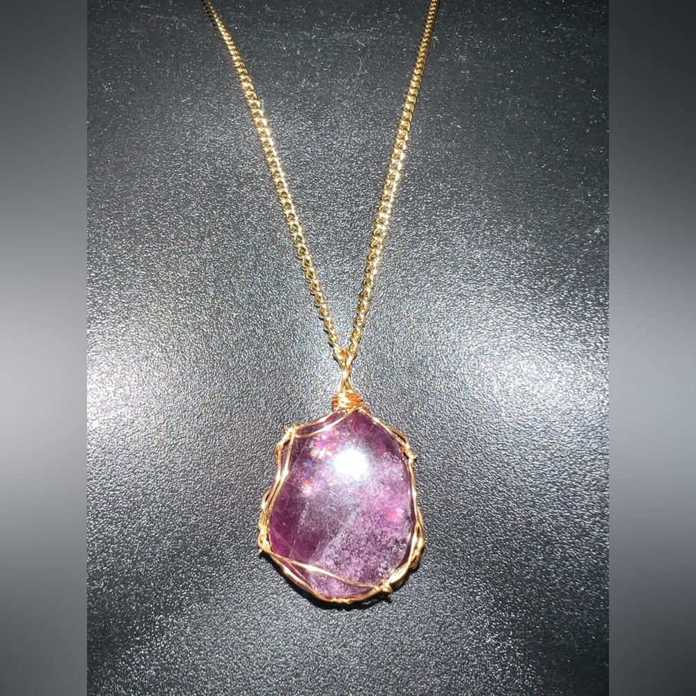 ✨ Deep Purple Fluorite Necklace • Gold Wrapped • 24" Chain ✨ - Picture 3 of 16